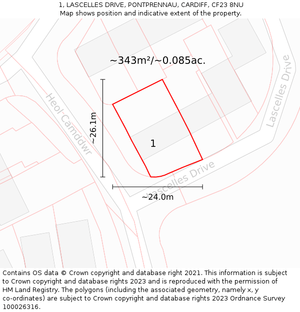 1, LASCELLES DRIVE, PONTPRENNAU, CARDIFF, CF23 8NU: Plot and title map