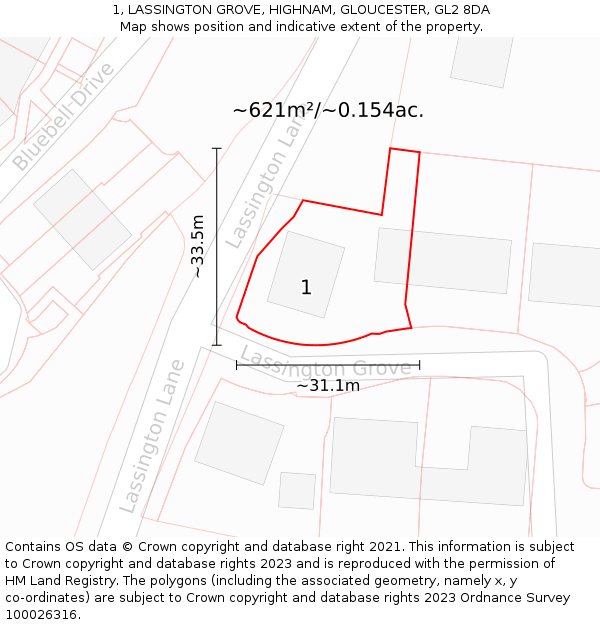 1, LASSINGTON GROVE, HIGHNAM, GLOUCESTER, GL2 8DA: Plot and title map