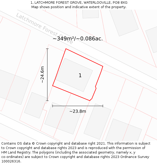 1, LATCHMORE FOREST GROVE, WATERLOOVILLE, PO8 8XG: Plot and title map