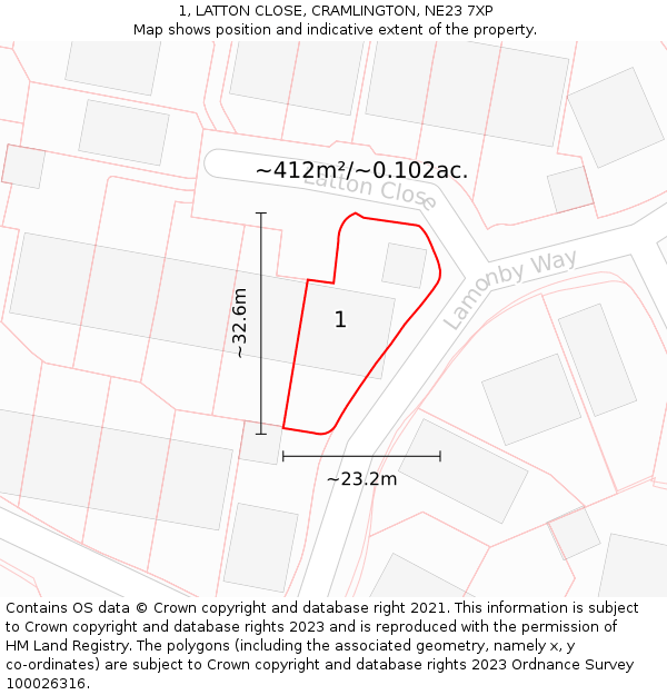 1, LATTON CLOSE, CRAMLINGTON, NE23 7XP: Plot and title map