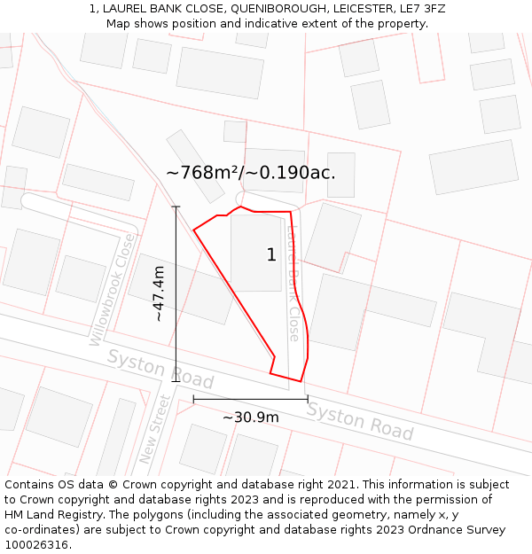 1, LAUREL BANK CLOSE, QUENIBOROUGH, LEICESTER, LE7 3FZ: Plot and title map