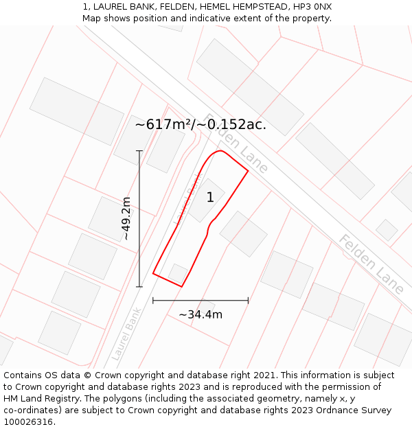 1, LAUREL BANK, FELDEN, HEMEL HEMPSTEAD, HP3 0NX: Plot and title map