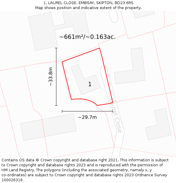 1, LAUREL CLOSE, EMBSAY, SKIPTON, BD23 6RS: Plot and title map