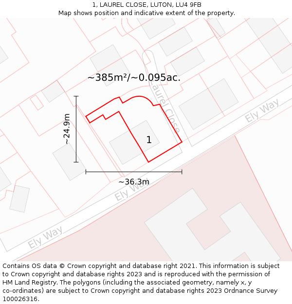 1, LAUREL CLOSE, LUTON, LU4 9FB: Plot and title map