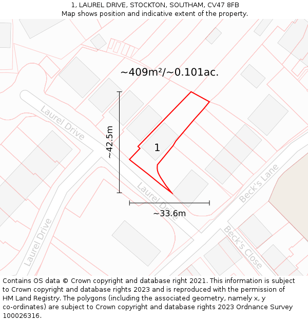 1, LAUREL DRIVE, STOCKTON, SOUTHAM, CV47 8FB: Plot and title map