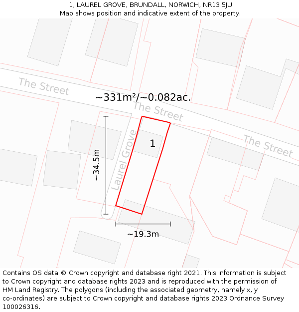 1, LAUREL GROVE, BRUNDALL, NORWICH, NR13 5JU: Plot and title map