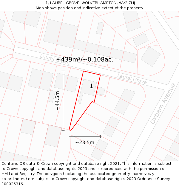 1, LAUREL GROVE, WOLVERHAMPTON, WV3 7HJ: Plot and title map