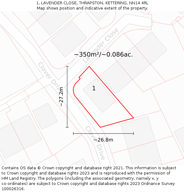 1, LAVENDER CLOSE, THRAPSTON, KETTERING, NN14 4RL: Plot and title map