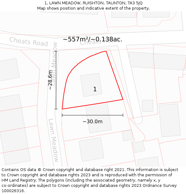 1, LAWN MEADOW, RUISHTON, TAUNTON, TA3 5JQ: Plot and title map