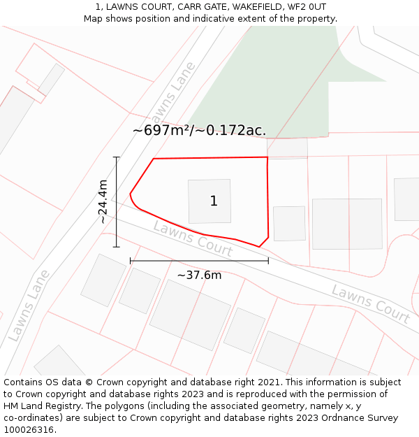 1, LAWNS COURT, CARR GATE, WAKEFIELD, WF2 0UT: Plot and title map