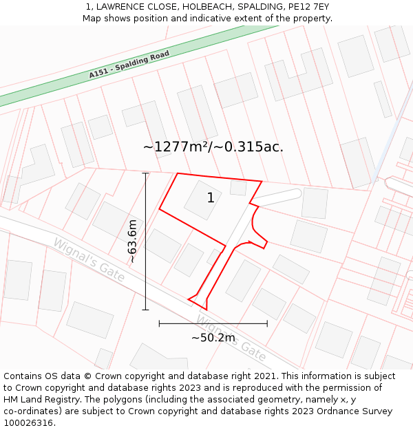1, LAWRENCE CLOSE, HOLBEACH, SPALDING, PE12 7EY: Plot and title map