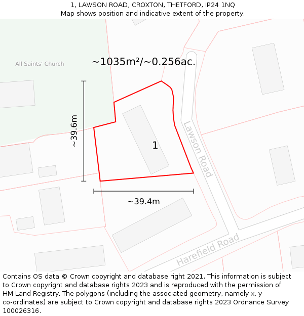 1, LAWSON ROAD, CROXTON, THETFORD, IP24 1NQ: Plot and title map