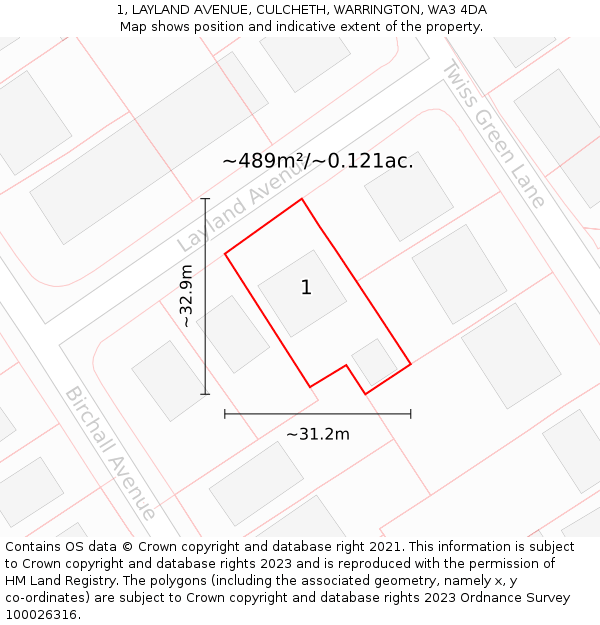 1, LAYLAND AVENUE, CULCHETH, WARRINGTON, WA3 4DA: Plot and title map