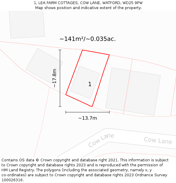 1, LEA FARM COTTAGES, COW LANE, WATFORD, WD25 9PW: Plot and title map