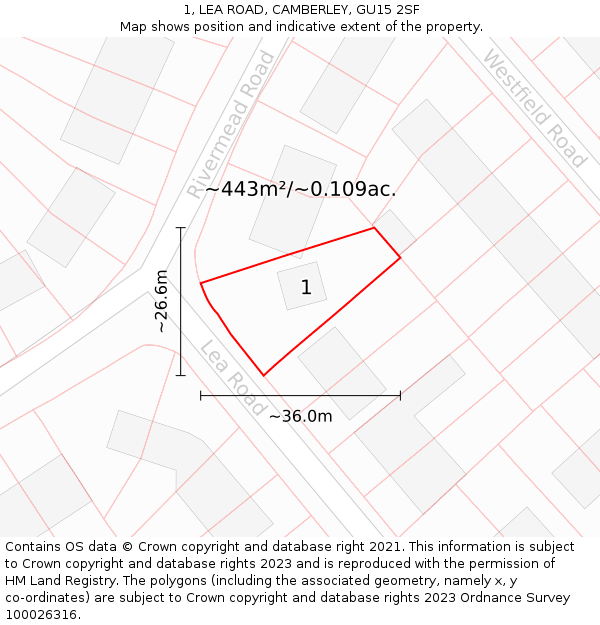 1, LEA ROAD, CAMBERLEY, GU15 2SF: Plot and title map