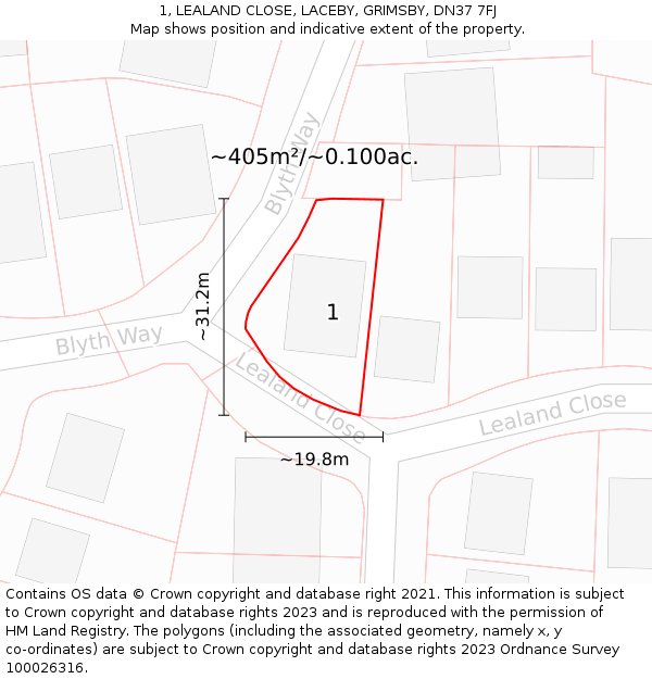 1, LEALAND CLOSE, LACEBY, GRIMSBY, DN37 7FJ: Plot and title map