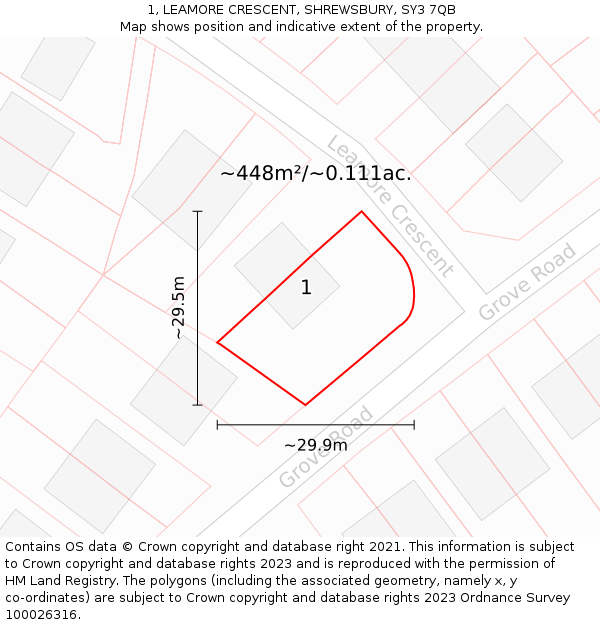 1, LEAMORE CRESCENT, SHREWSBURY, SY3 7QB: Plot and title map