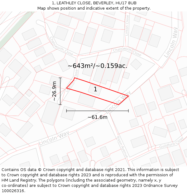 1, LEATHLEY CLOSE, BEVERLEY, HU17 8UB: Plot and title map