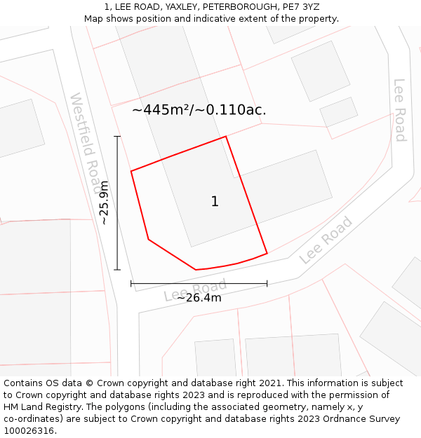 1, LEE ROAD, YAXLEY, PETERBOROUGH, PE7 3YZ: Plot and title map