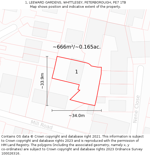 1, LEEWARD GARDENS, WHITTLESEY, PETERBOROUGH, PE7 1TB: Plot and title map