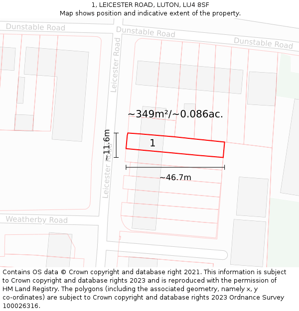 1, LEICESTER ROAD, LUTON, LU4 8SF: Plot and title map