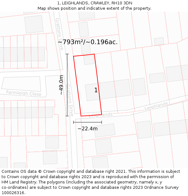 1, LEIGHLANDS, CRAWLEY, RH10 3DN: Plot and title map