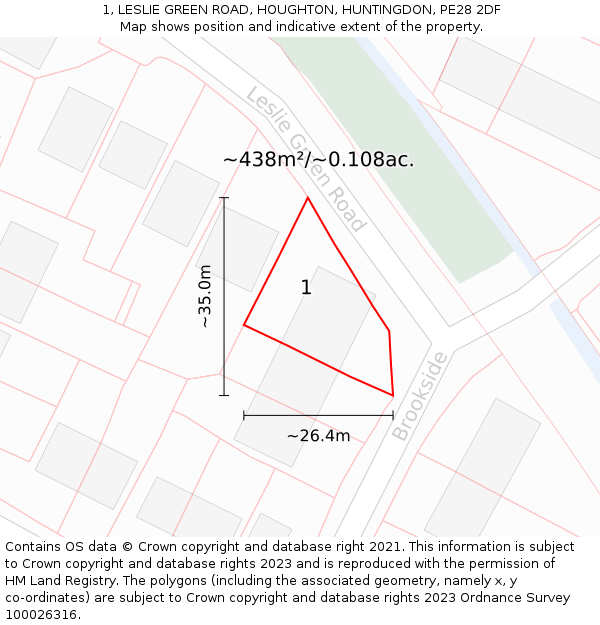 1, LESLIE GREEN ROAD, HOUGHTON, HUNTINGDON, PE28 2DF: Plot and title map