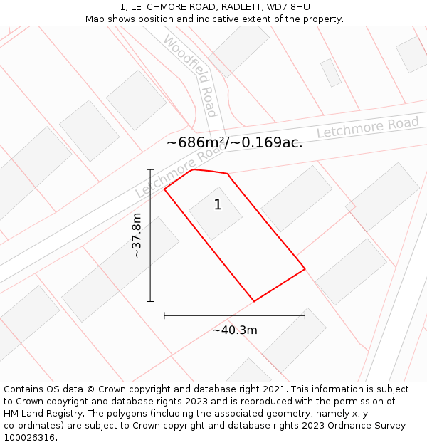 1, LETCHMORE ROAD, RADLETT, WD7 8HU: Plot and title map