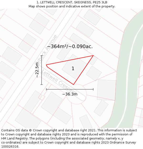 1, LETTWELL CRESCENT, SKEGNESS, PE25 3LB: Plot and title map