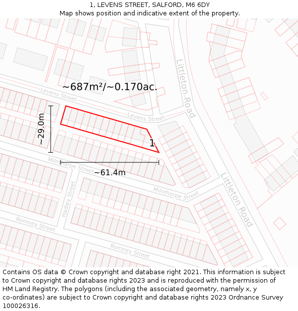 1, LEVENS STREET, SALFORD, M6 6DY: Plot and title map