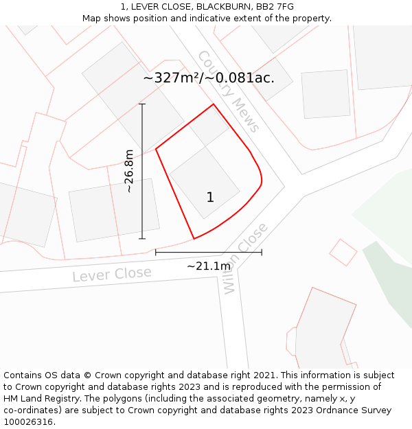 1, LEVER CLOSE, BLACKBURN, BB2 7FG: Plot and title map