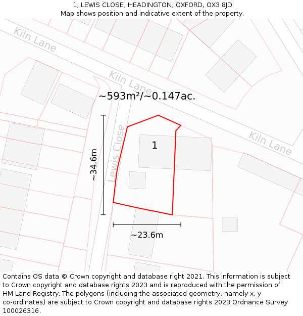 1, LEWIS CLOSE, HEADINGTON, OXFORD, OX3 8JD: Plot and title map