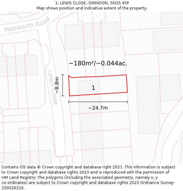 1, LEWIS CLOSE, SWINDON, SN25 4YP: Plot and title map