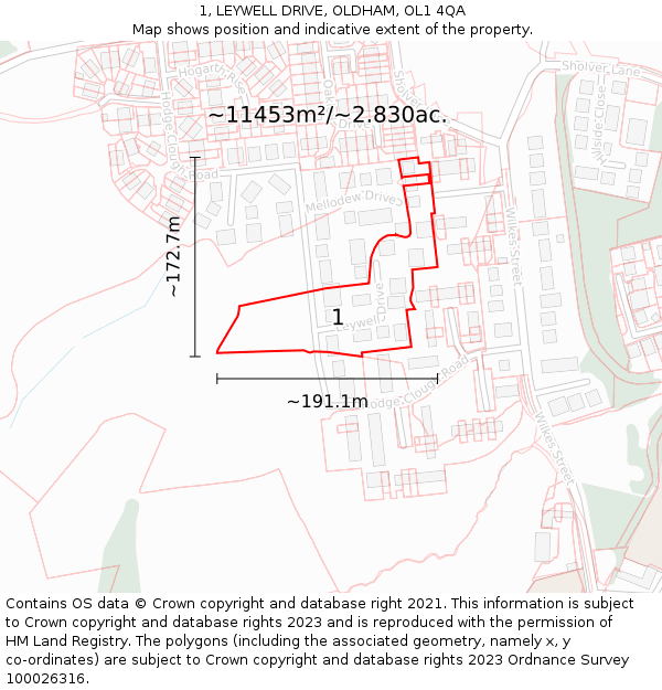 1, LEYWELL DRIVE, OLDHAM, OL1 4QA: Plot and title map