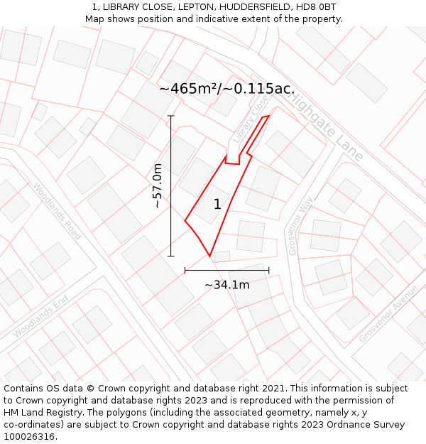 1, LIBRARY CLOSE, LEPTON, HUDDERSFIELD, HD8 0BT: Plot and title map