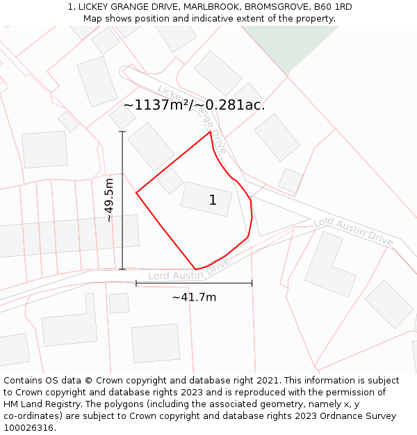 1, LICKEY GRANGE DRIVE, MARLBROOK, BROMSGROVE, B60 1RD: Plot and title map