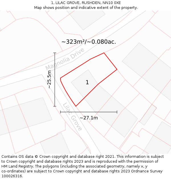 1, LILAC GROVE, RUSHDEN, NN10 0XE: Plot and title map