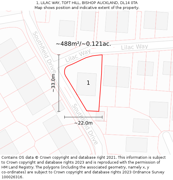 1, LILAC WAY, TOFT HILL, BISHOP AUCKLAND, DL14 0TA: Plot and title map