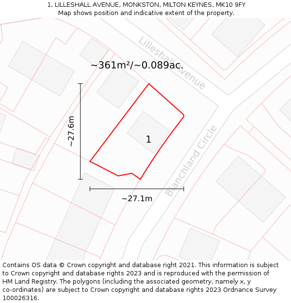 1, LILLESHALL AVENUE, MONKSTON, MILTON KEYNES, MK10 9FY: Plot and title map