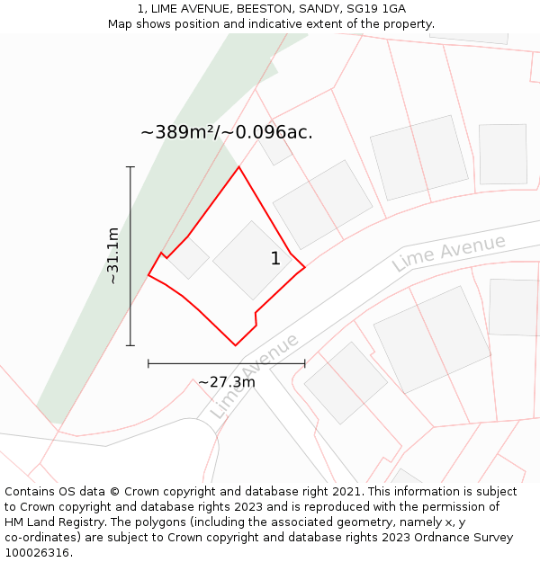 1, LIME AVENUE, BEESTON, SANDY, SG19 1GA: Plot and title map