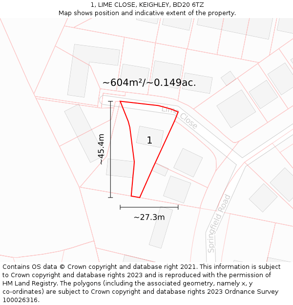 1, LIME CLOSE, KEIGHLEY, BD20 6TZ: Plot and title map