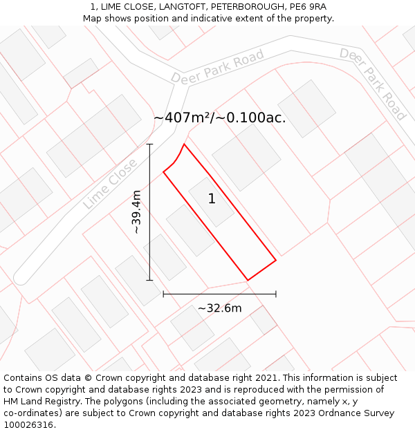 1, LIME CLOSE, LANGTOFT, PETERBOROUGH, PE6 9RA: Plot and title map