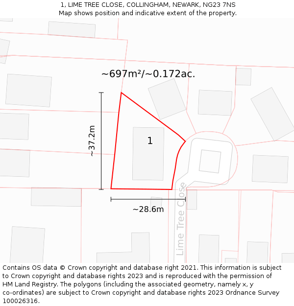 1, LIME TREE CLOSE, COLLINGHAM, NEWARK, NG23 7NS: Plot and title map