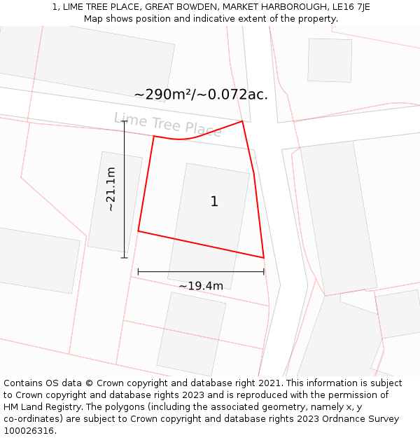 1, LIME TREE PLACE, GREAT BOWDEN, MARKET HARBOROUGH, LE16 7JE: Plot and title map