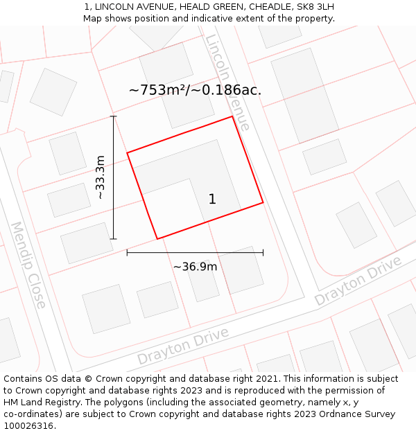 1, LINCOLN AVENUE, HEALD GREEN, CHEADLE, SK8 3LH: Plot and title map