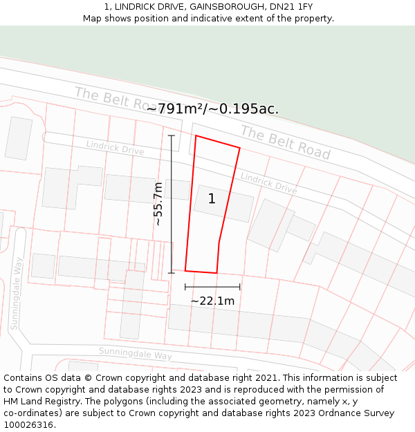 1, LINDRICK DRIVE, GAINSBOROUGH, DN21 1FY: Plot and title map