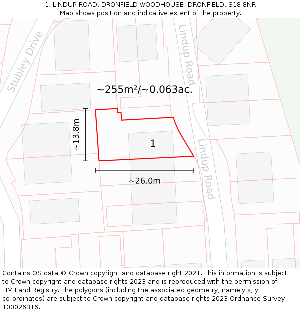 1, LINDUP ROAD, DRONFIELD WOODHOUSE, DRONFIELD, S18 8NR: Plot and title map