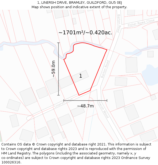 1, LINERSH DRIVE, BRAMLEY, GUILDFORD, GU5 0EJ: Plot and title map