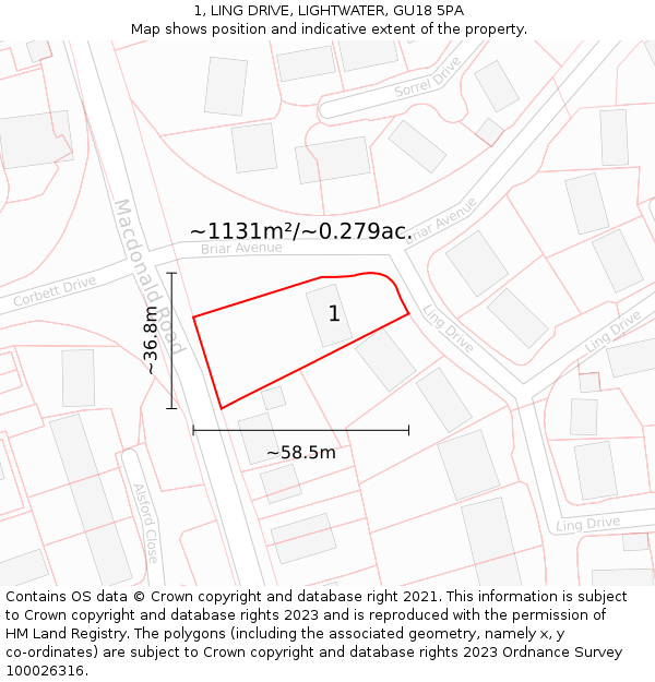 1, LING DRIVE, LIGHTWATER, GU18 5PA: Plot and title map