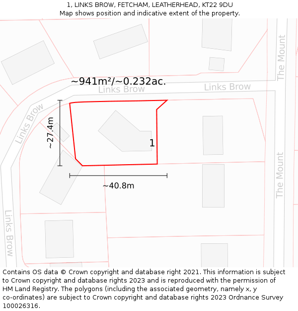 1, LINKS BROW, FETCHAM, LEATHERHEAD, KT22 9DU: Plot and title map